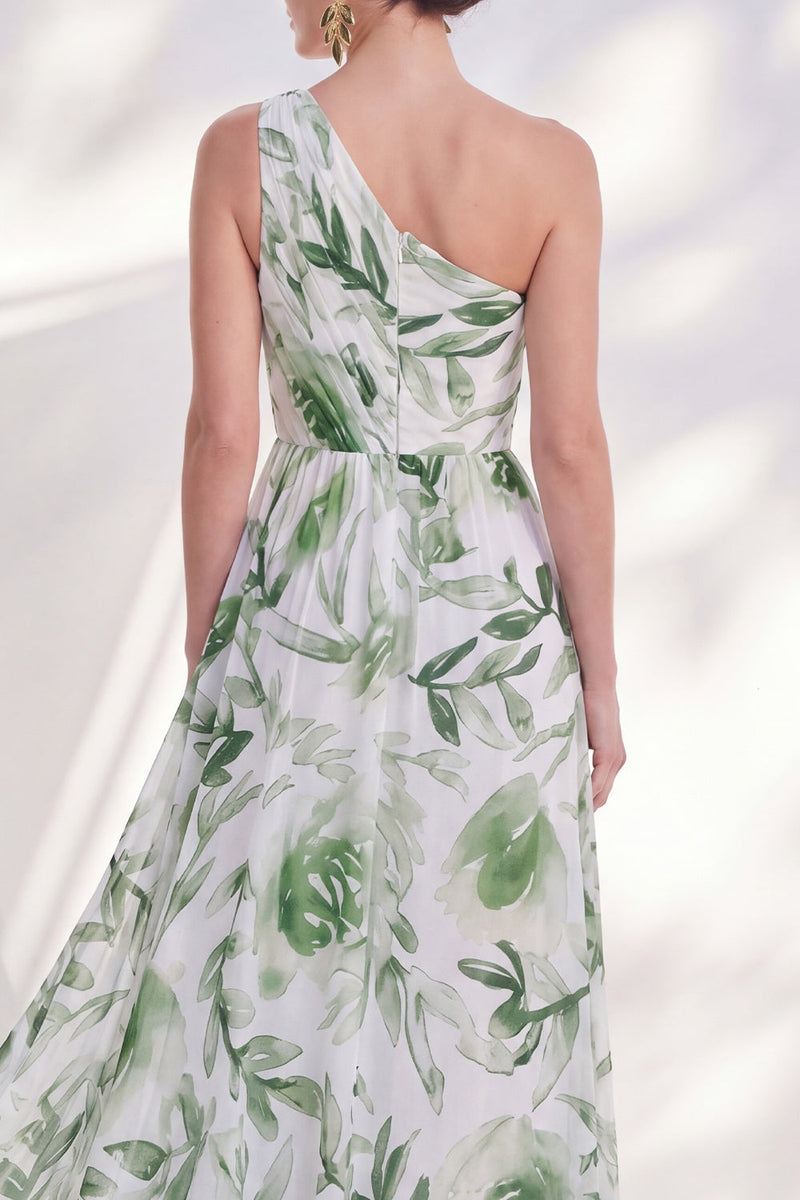 Laden Sie das Bild in den Galerie-Viewer, Ein Schulter grünes A-Linien-Floral-Chiffon-Lange Mutter-der-Braut-Kleid mit Schlitz
