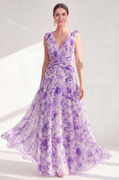 Laden Sie das Bild in den Galerie-Viewer, A-Linie lila V-Ausschnitt geblümtes Chiffon-Kleidung mit langem Mutter-der-Braut-Bruchkleid