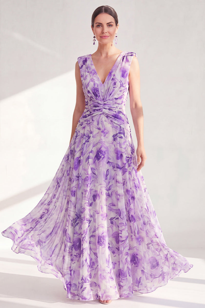 Laden Sie das Bild in den Galerie-Viewer, A-Linie lila V-Ausschnitt geblümtes Chiffon-Kleidung mit langem Mutter-der-Braut-Bruchkleid