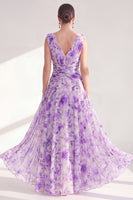 Laden Sie das Bild in den Galerie-Viewer, A-Linie lila V-Ausschnitt geblümtes Chiffon-Kleidung mit langem Mutter-der-Braut-Bruchkleid