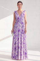 Laden Sie das Bild in den Galerie-Viewer, A-Linie lila V-Ausschnitt geblümtes Chiffon-Kleidung mit langem Mutter-der-Braut-Bruchkleid