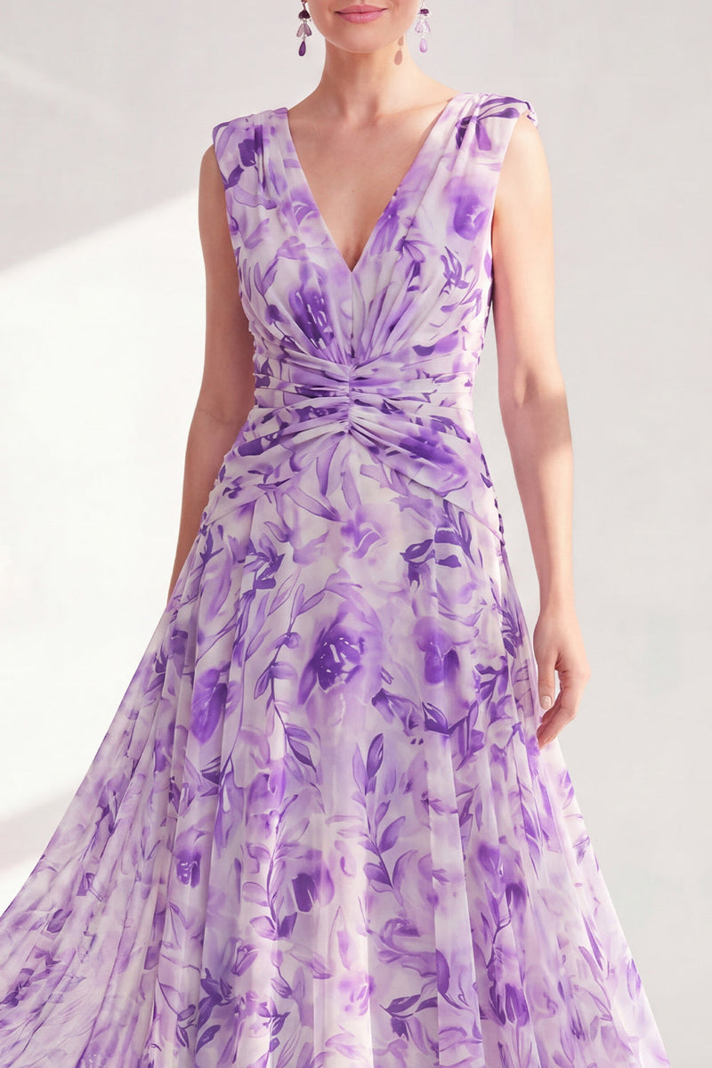 Laden Sie das Bild in den Galerie-Viewer, A-Linie lila V-Ausschnitt geblümtes Chiffon-Kleidung mit langem Mutter-der-Braut-Bruchkleid