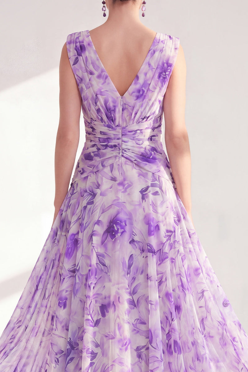 Laden Sie das Bild in den Galerie-Viewer, A-Linie lila V-Ausschnitt geblümtes Chiffon-Kleidung mit langem Mutter-der-Braut-Bruchkleid