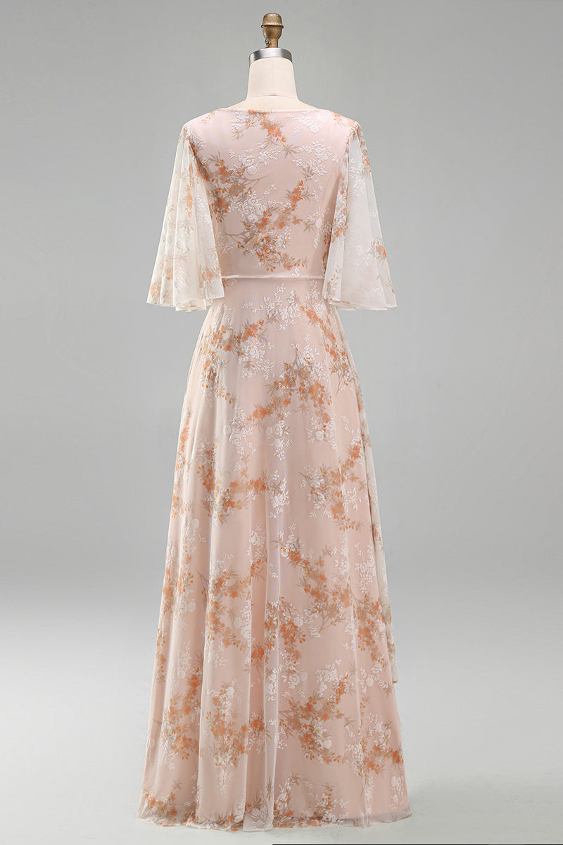 Laden Sie das Bild in den Galerie-Viewer, Meerjungfrau-Champagner-Blumenbateau-Hals mit Rüschen langes Mutter-der-Braut-Kleid