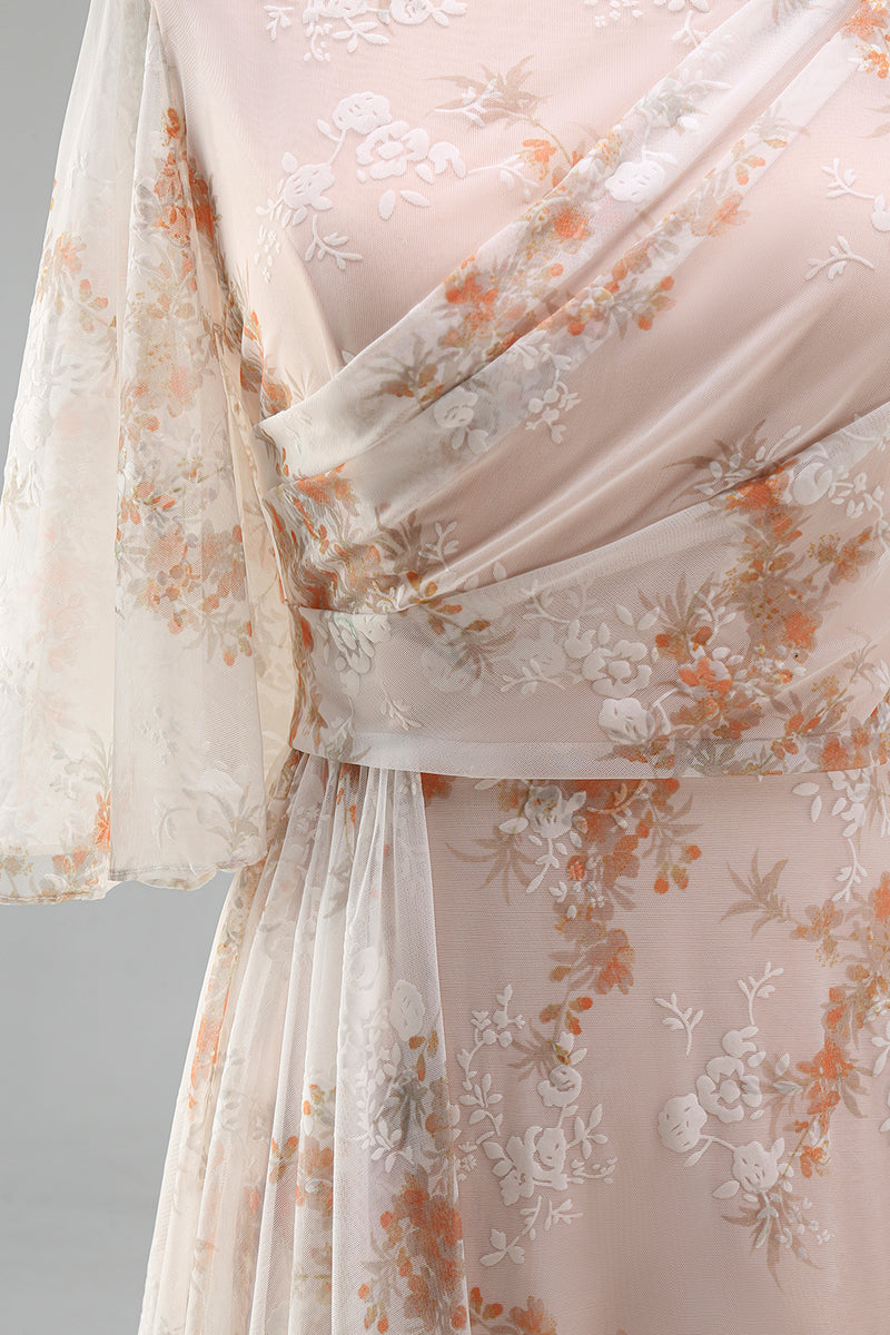 Laden Sie das Bild in den Galerie-Viewer, Meerjungfrau-Champagner-Blumenbateau-Hals mit Rüschen langes Mutter-der-Braut-Kleid