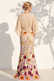 Meerjungfrau-Champagner-Floral-V-Ausschnitt-Langkleid der Mutter der Braut mit Umhangärmeln
