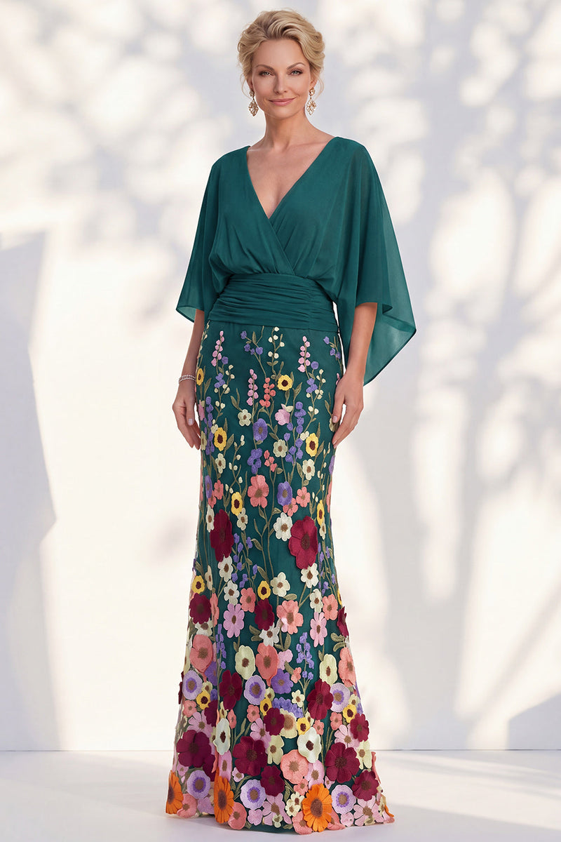 Laden Sie das Bild in den Galerie-Viewer, Meerjungfrau-Champagner-Floral-V-Ausschnitt-Langkleid der Mutter der Braut mit Umhangärmeln