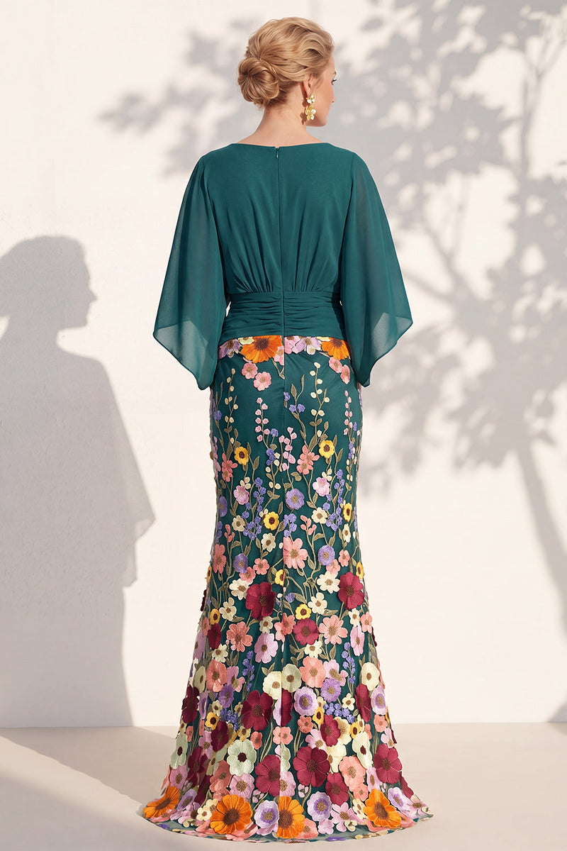 Laden Sie das Bild in den Galerie-Viewer, Meerjungfrau-Champagner-Floral-V-Ausschnitt-Langkleid der Mutter der Braut mit Umhangärmeln