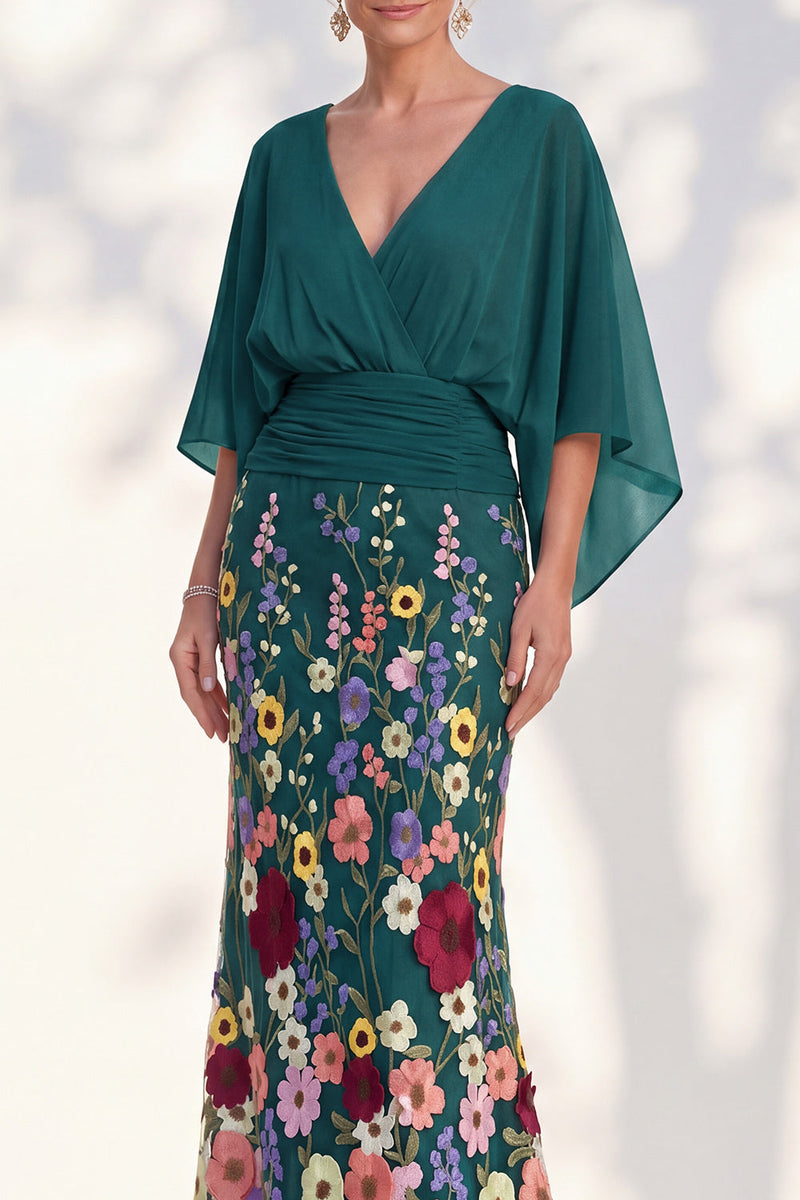 Laden Sie das Bild in den Galerie-Viewer, Meerjungfrau-Champagner-Floral-V-Ausschnitt-Langkleid der Mutter der Braut mit Umhangärmeln