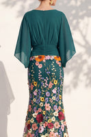 Laden Sie das Bild in den Galerie-Viewer, Meerjungfrau-Champagner-Floral-V-Ausschnitt-Langkleid der Mutter der Braut mit Umhangärmeln