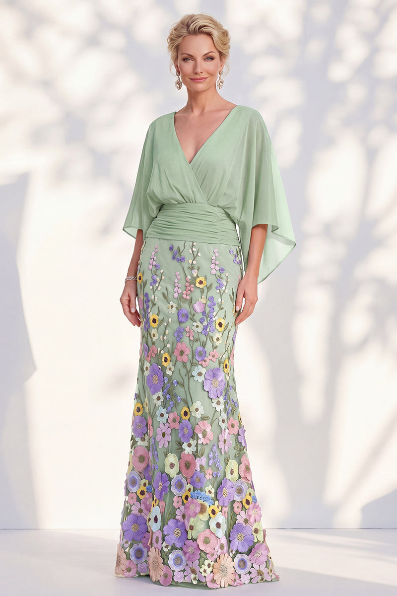 Laden Sie das Bild in den Galerie-Viewer, Meerjungfrau-Champagner-Floral-V-Ausschnitt-Langkleid der Mutter der Braut mit Umhangärmeln