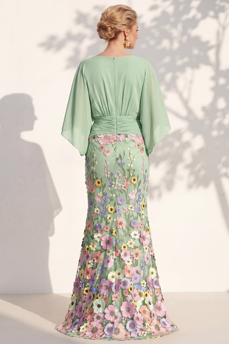 Laden Sie das Bild in den Galerie-Viewer, Meerjungfrau-Champagner-Floral-V-Ausschnitt-Langkleid der Mutter der Braut mit Umhangärmeln