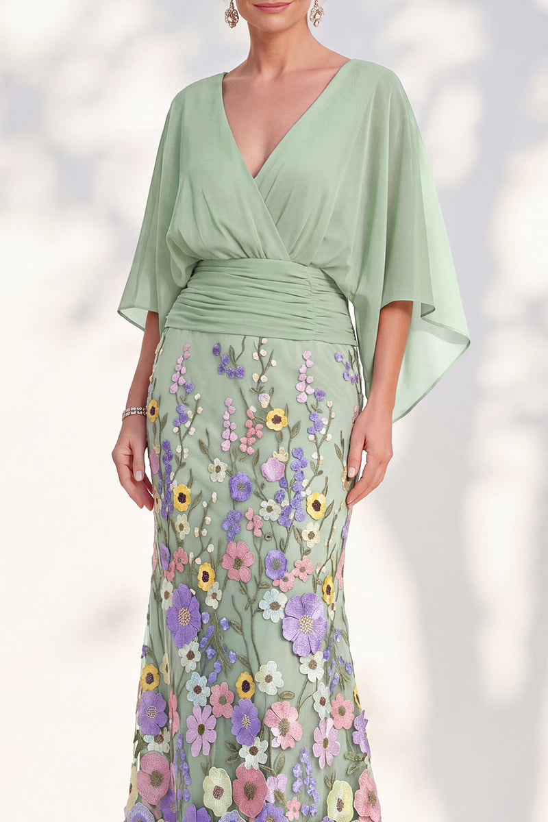 Laden Sie das Bild in den Galerie-Viewer, Meerjungfrau-Champagner-Floral-V-Ausschnitt-Langkleid der Mutter der Braut mit Umhangärmeln