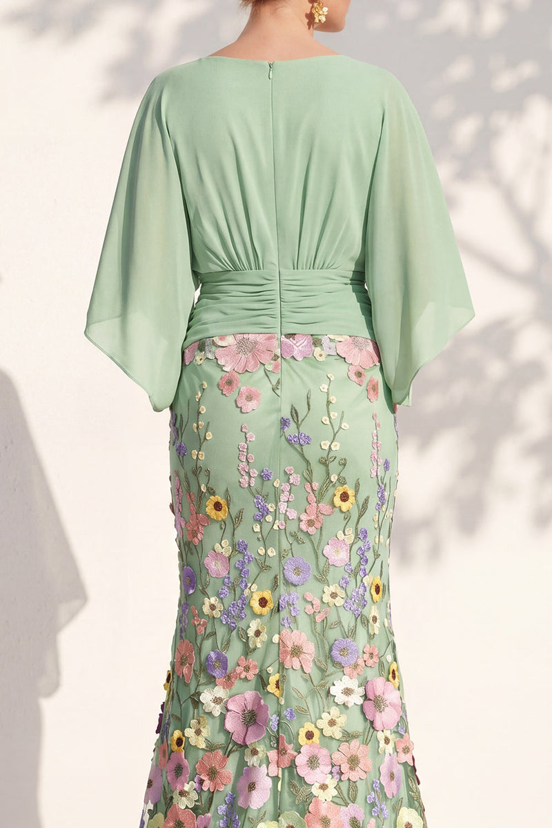 Laden Sie das Bild in den Galerie-Viewer, Meerjungfrau-Champagner-Floral-V-Ausschnitt-Langkleid der Mutter der Braut mit Umhangärmeln