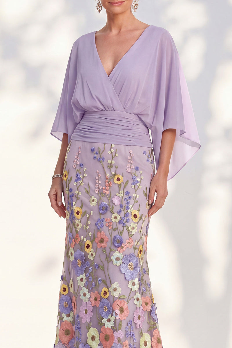 Laden Sie das Bild in den Galerie-Viewer, Meerjungfrau-Champagner-Floral-V-Ausschnitt-Langkleid der Mutter der Braut mit Umhangärmeln