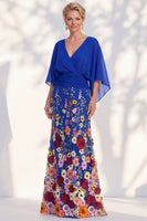Laden Sie das Bild in den Galerie-Viewer, Meerjungfrau-Champagner-Floral-V-Ausschnitt-Langkleid der Mutter der Braut mit Umhangärmeln