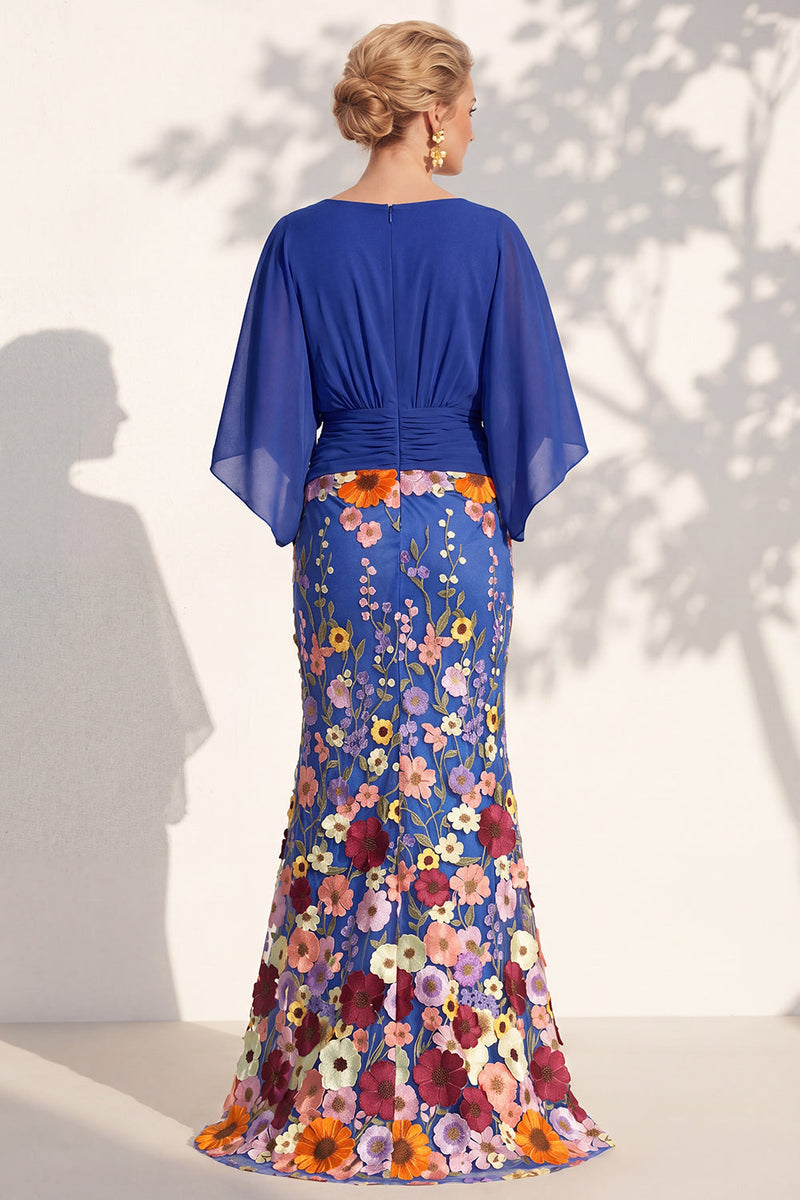 Laden Sie das Bild in den Galerie-Viewer, Meerjungfrau-Champagner-Floral-V-Ausschnitt-Langkleid der Mutter der Braut mit Umhangärmeln