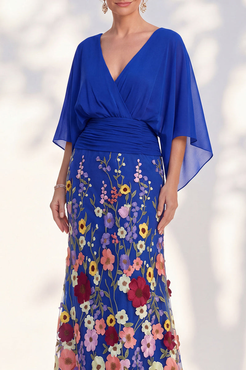 Laden Sie das Bild in den Galerie-Viewer, Meerjungfrau-Champagner-Floral-V-Ausschnitt-Langkleid der Mutter der Braut mit Umhangärmeln