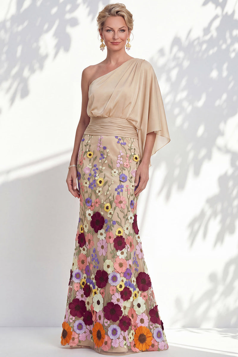Laden Sie das Bild in den Galerie-Viewer, Einschulterlila Meerjungfrauen-Floral-Langkleid der Mutter der Braut mit Umhangärmeln