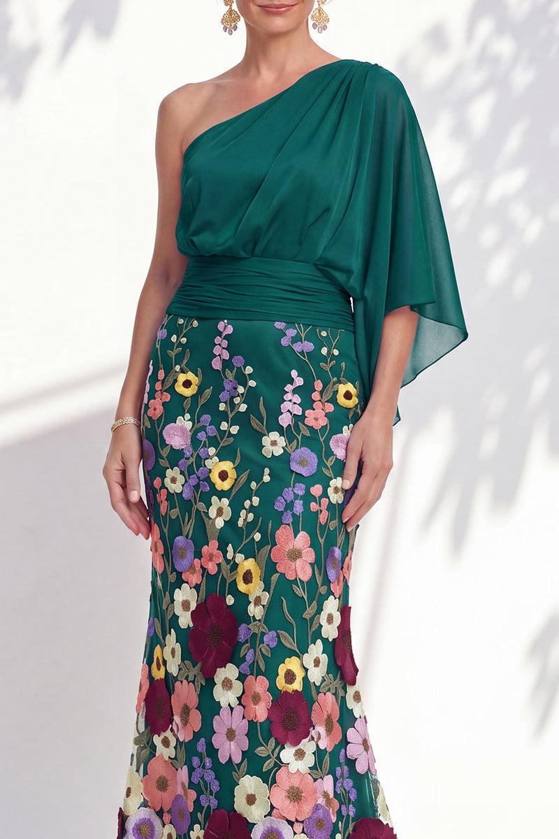 Laden Sie das Bild in den Galerie-Viewer, Einschulterlila Meerjungfrauen-Floral-Langkleid der Mutter der Braut mit Umhangärmeln