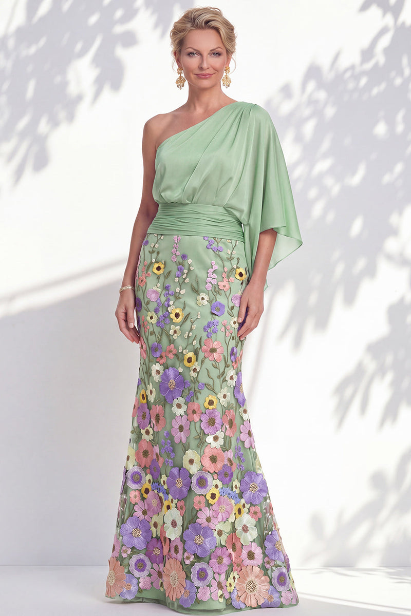 Laden Sie das Bild in den Galerie-Viewer, Einschulterlila Meerjungfrauen-Floral-Langkleid der Mutter der Braut mit Umhangärmeln