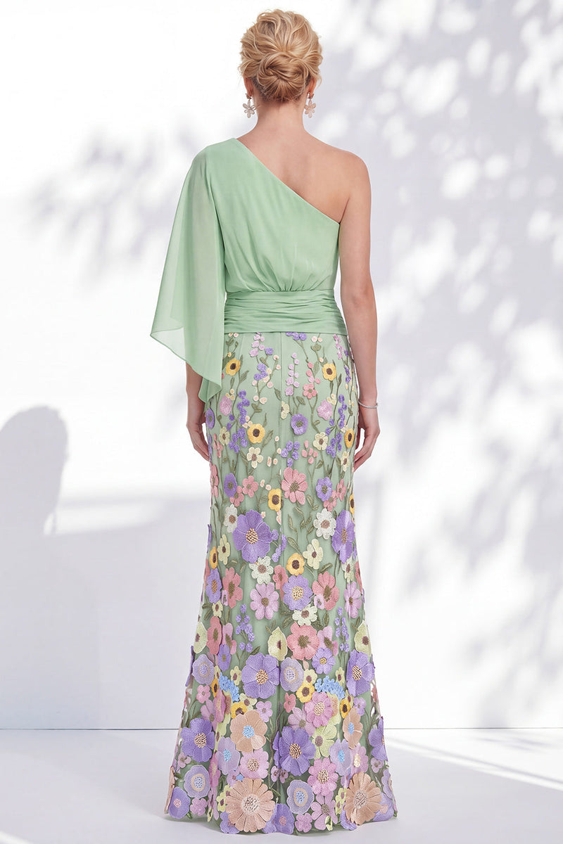 Laden Sie das Bild in den Galerie-Viewer, Einschulterlila Meerjungfrauen-Floral-Langkleid der Mutter der Braut mit Umhangärmeln