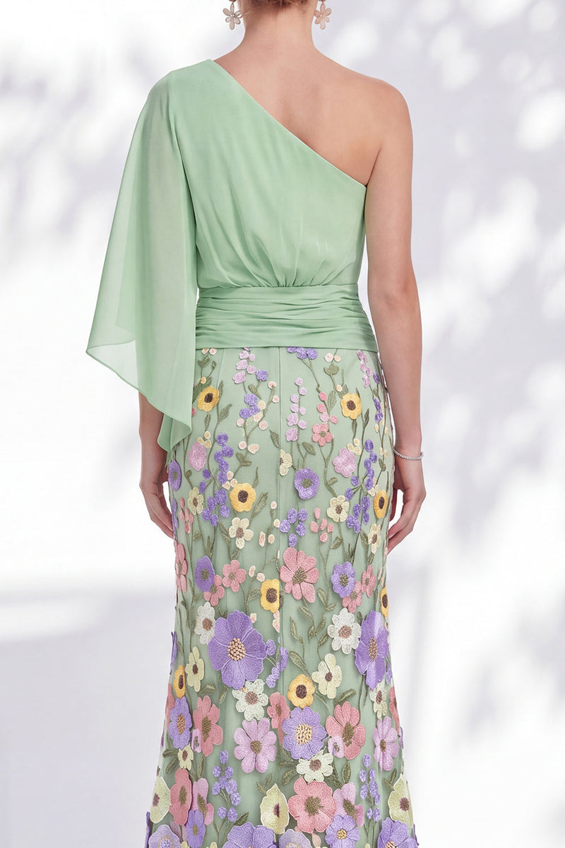 Laden Sie das Bild in den Galerie-Viewer, Einschulterlila Meerjungfrauen-Floral-Langkleid der Mutter der Braut mit Umhangärmeln