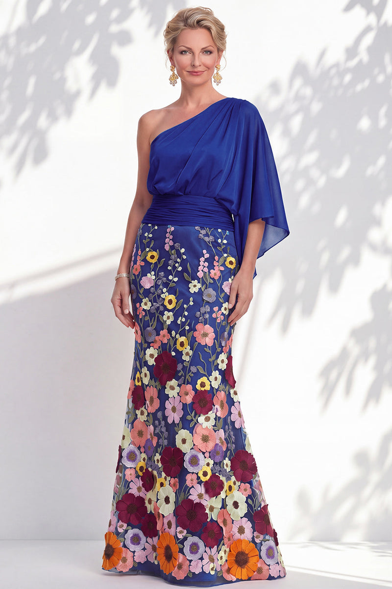 Laden Sie das Bild in den Galerie-Viewer, Einschulterlila Meerjungfrauen-Floral-Langkleid der Mutter der Braut mit Umhangärmeln