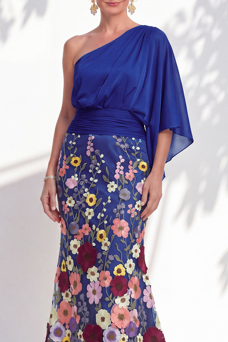Laden Sie das Bild in den Galerie-Viewer, Einschulterlila Meerjungfrauen-Floral-Langkleid der Mutter der Braut mit Umhangärmeln
