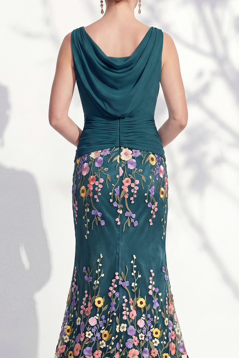 Laden Sie das Bild in den Galerie-Viewer, Dunkelgrünes Meerjungfrauen-Bateau-Hals, 3D-Blumenkleid, lange Mutter der Braut