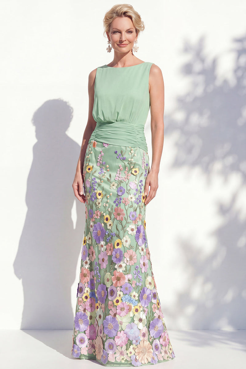 Laden Sie das Bild in den Galerie-Viewer, Dunkelgrünes Meerjungfrauen-Bateau-Hals, 3D-Blumenkleid, lange Mutter der Braut