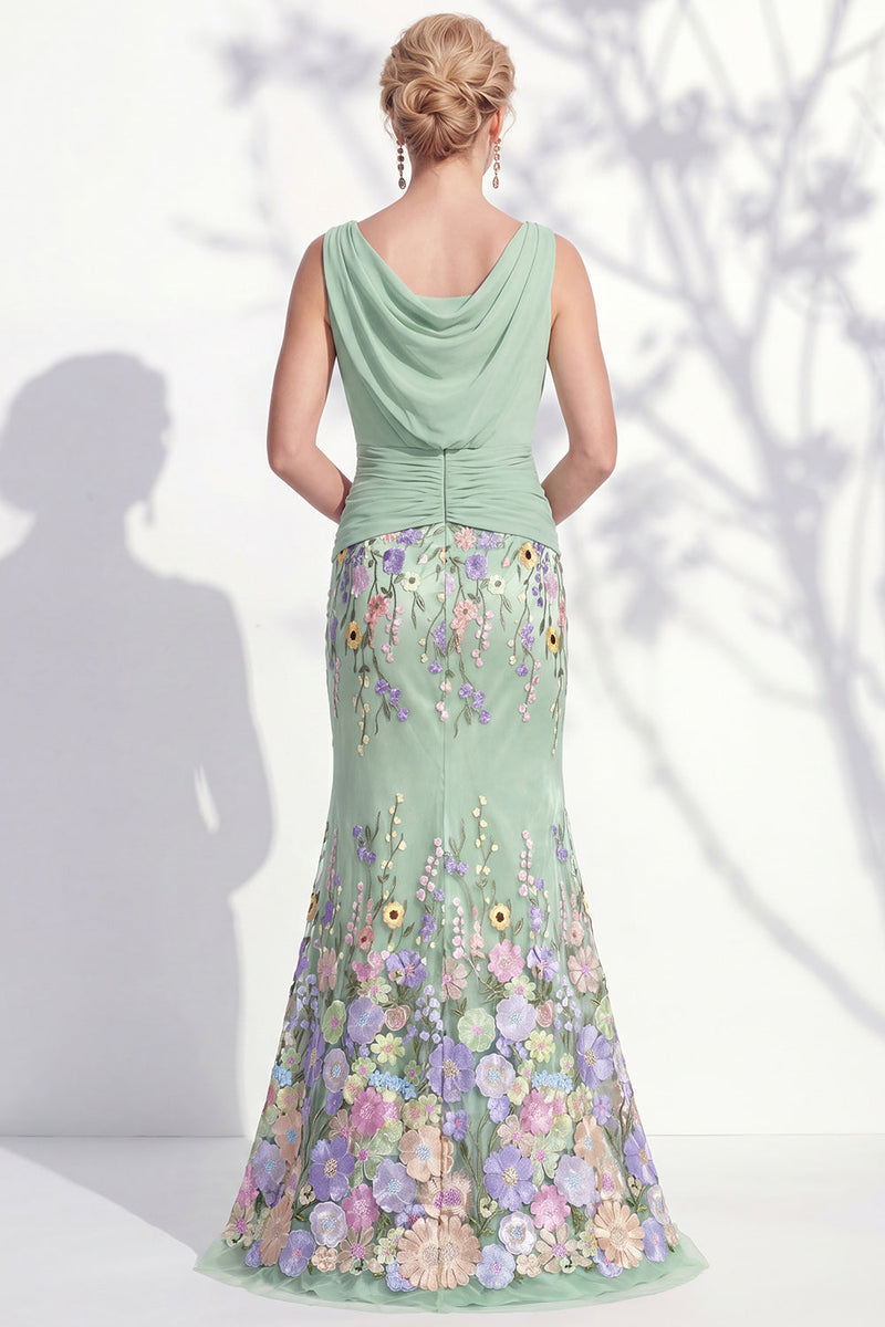 Laden Sie das Bild in den Galerie-Viewer, Dunkelgrünes Meerjungfrauen-Bateau-Hals, 3D-Blumenkleid, lange Mutter der Braut