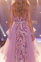 Laden Sie das Bild in den Galerie-Viewer, Glitzerndes graues lila Sweetheart Sequin Meerjungfrauen-Langes Pageant-Kleid mit Schlitz