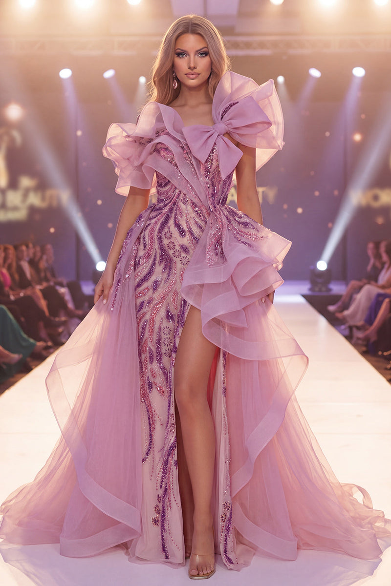 Laden Sie das Bild in den Galerie-Viewer, Glitzerndes graues, lila Pailletten mit einer Schulter Meerjungfrauen-Langzeit-Pageant-Kleid mit Schlitz