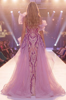 Laden Sie das Bild in den Galerie-Viewer, Glitzerndes graues, lila Pailletten mit einer Schulter Meerjungfrauen-Langzeit-Pageant-Kleid mit Schlitz
