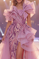 Laden Sie das Bild in den Galerie-Viewer, Glitzerndes graues, lila Pailletten mit einer Schulter Meerjungfrauen-Langzeit-Pageant-Kleid mit Schlitz