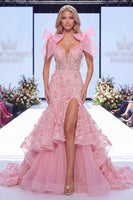 Laden Sie das Bild in den Galerie-Viewer, Rosa Mermaid Organza Floral Bow Langes Pageant-Kleid mit Schlitz