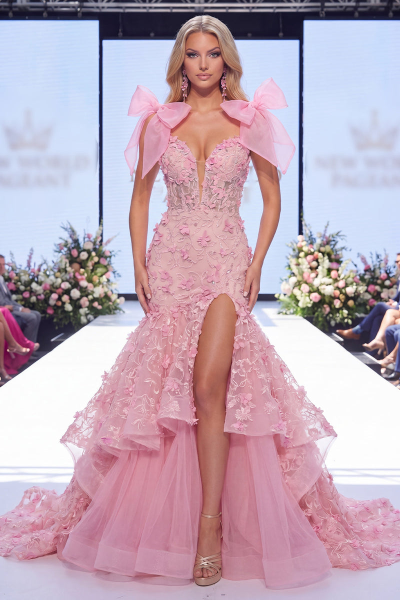 Laden Sie das Bild in den Galerie-Viewer, Rosa Mermaid Organza Floral Bow Langes Pageant-Kleid mit Schlitz