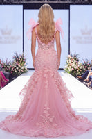 Laden Sie das Bild in den Galerie-Viewer, Rosa Mermaid Organza Floral Bow Langes Pageant-Kleid mit Schlitz