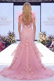 Rosa Mermaid Organza Floral Bow Langes Pageant-Kleid mit Schlitz