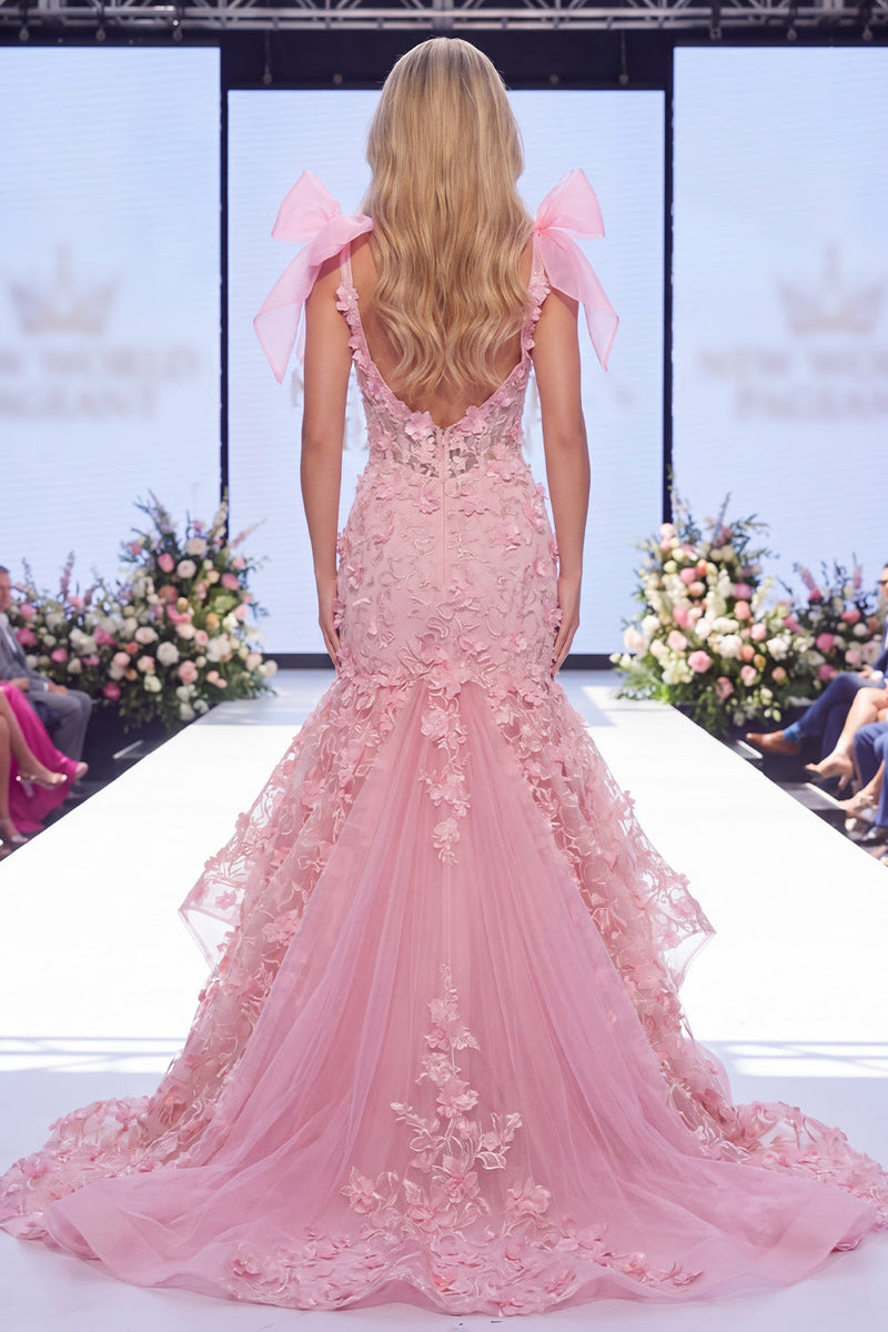 Laden Sie das Bild in den Galerie-Viewer, Rosa Mermaid Organza Floral Bow Langes Pageant-Kleid mit Schlitz