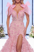 Laden Sie das Bild in den Galerie-Viewer, Rosa Mermaid Organza Floral Bow Langes Pageant-Kleid mit Schlitz