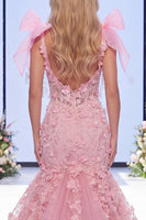 Laden Sie das Bild in den Galerie-Viewer, Rosa Mermaid Organza Floral Bow Langes Pageant-Kleid mit Schlitz