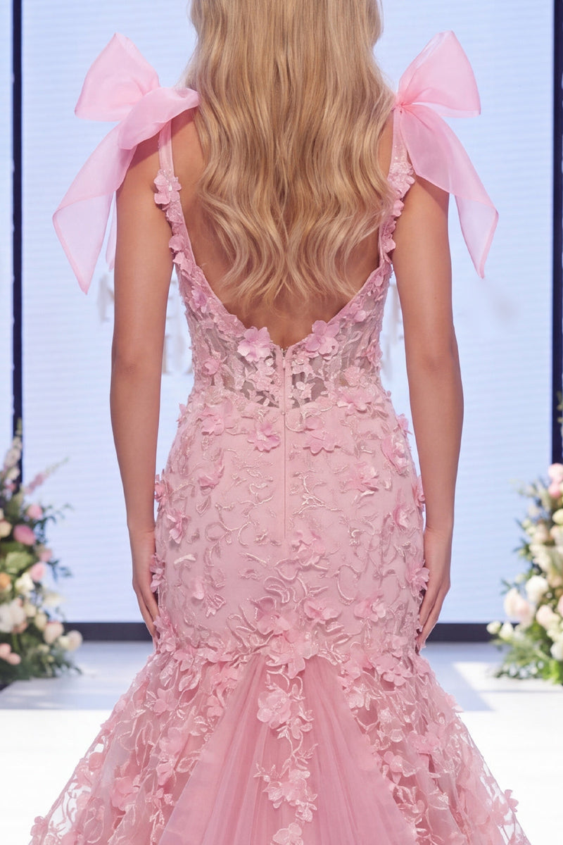 Laden Sie das Bild in den Galerie-Viewer, Rosa Mermaid Organza Floral Bow Langes Pageant-Kleid mit Schlitz