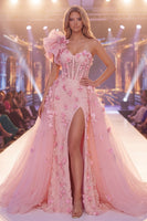 Laden Sie das Bild in den Galerie-Viewer, Pinkes Meerjungfrauen-Durchsichts-Korsett, ein geblümtes langes Pageant-Kleid mit Schlitz