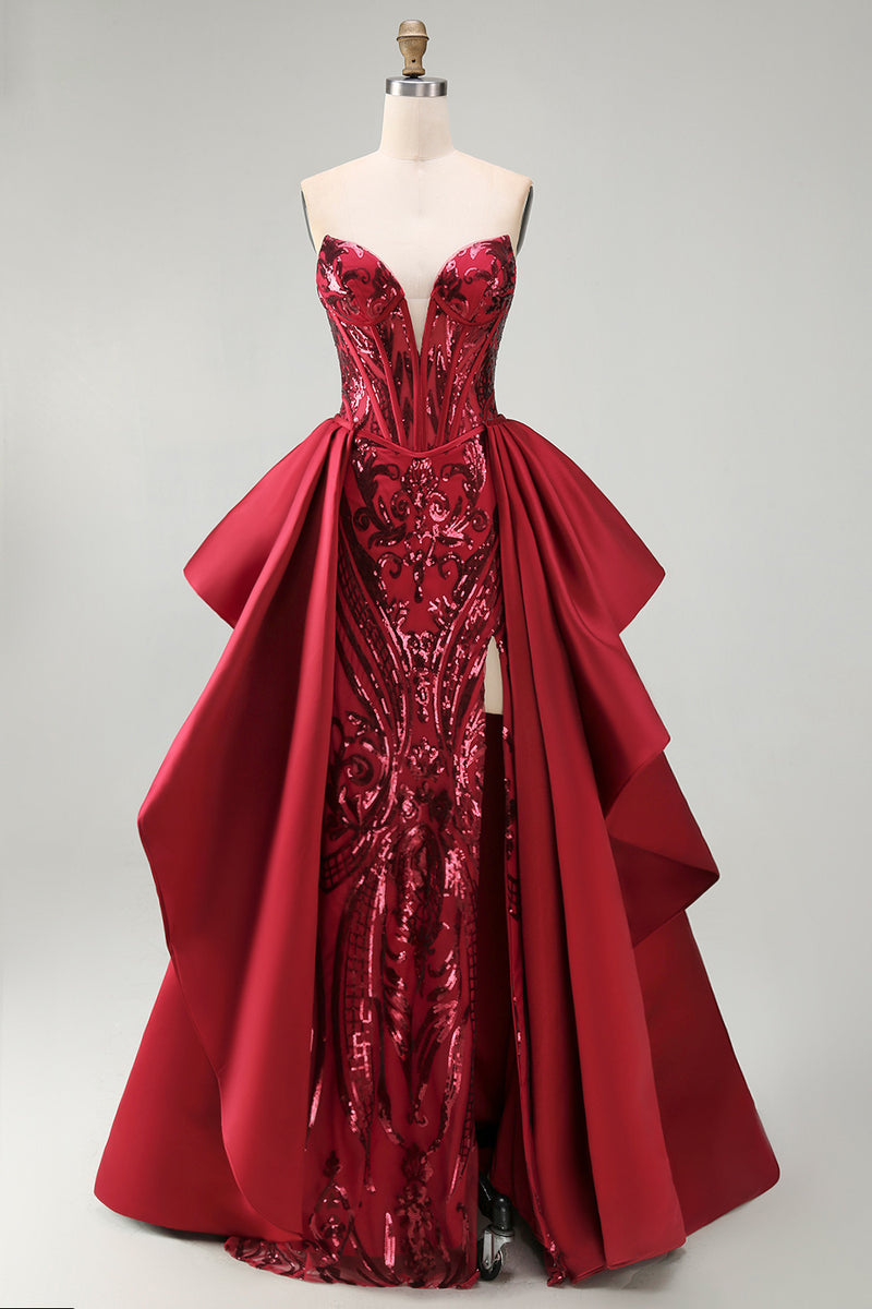 Laden Sie das Bild in den Galerie-Viewer, Rotes Meerjungfrauen Transparentes Korsett Sweetheart Perlenkleid mit Pageant-Kleidung und Schärpe