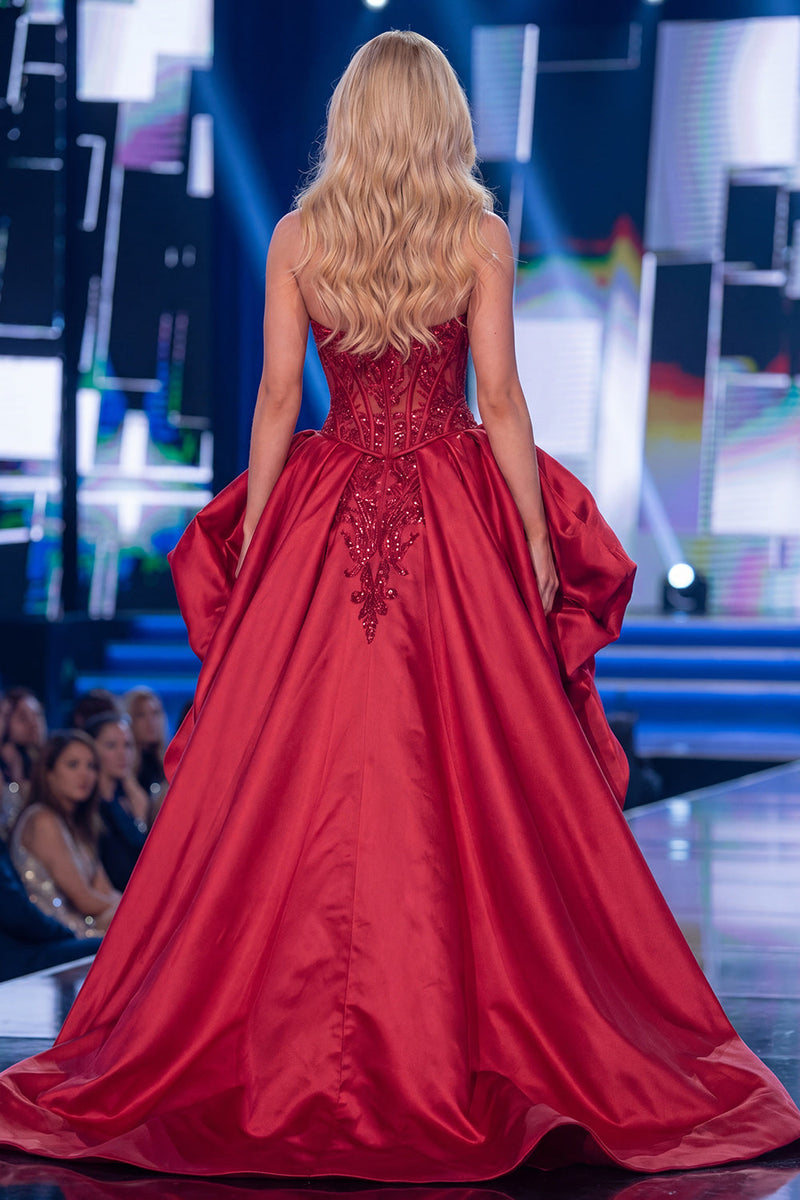 Laden Sie das Bild in den Galerie-Viewer, Rotes Meerjungfrauen-Transparentes Korsett, Sweetheart-Perlenkleid mit Pageant-Kleidung und Schärpe
