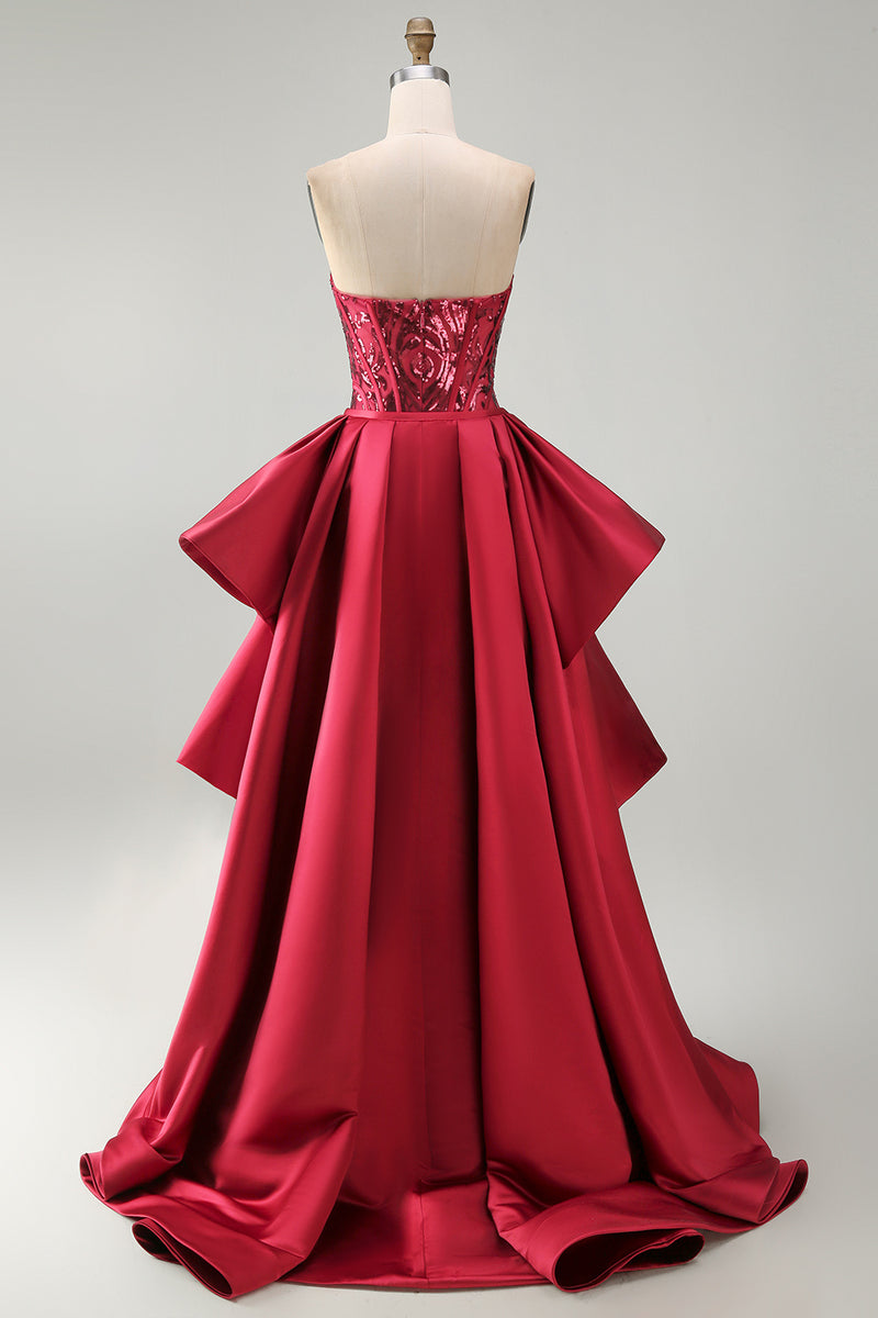 Laden Sie das Bild in den Galerie-Viewer, Rotes Meerjungfrauen Transparentes Korsett Sweetheart Perlenkleid mit Pageant-Kleidung und Schärpe