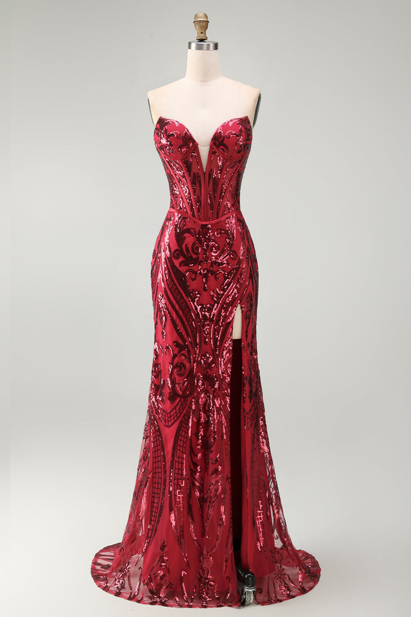 Laden Sie das Bild in den Galerie-Viewer, Rotes Meerjungfrauen Transparentes Korsett Sweetheart Perlenkleid mit Pageant-Kleidung und Schärpe