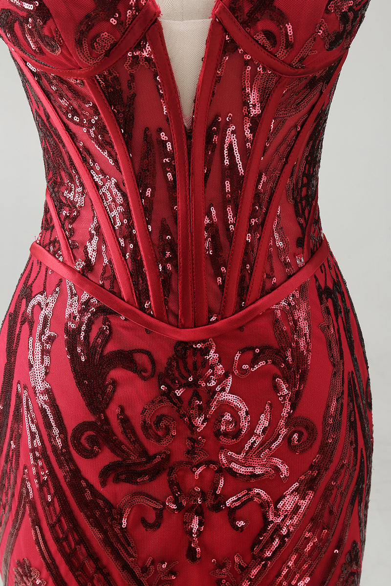 Laden Sie das Bild in den Galerie-Viewer, Rotes Meerjungfrauen Transparentes Korsett Sweetheart Perlenkleid mit Pageant-Kleidung und Schärpe